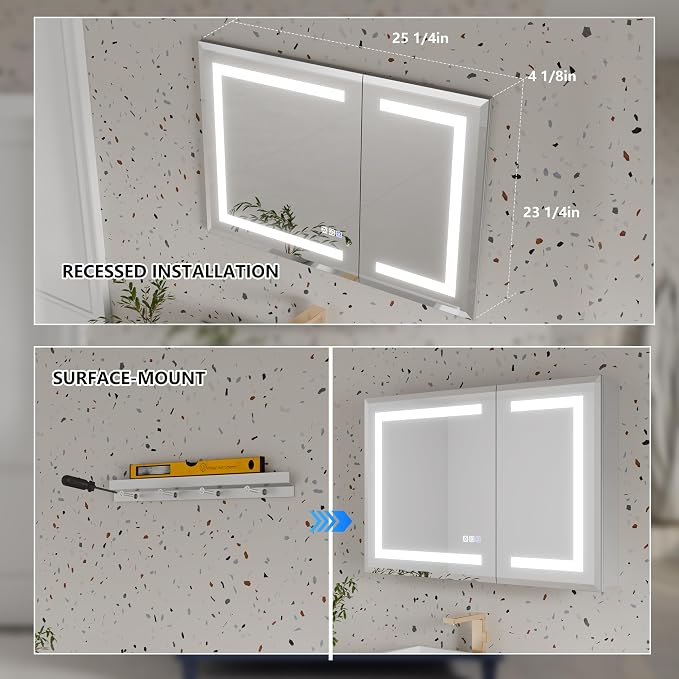 LED Bathroom Medicine Cabinet with Mirror, 24x36 Medicine Cabinet with Lights, Power Failure memor, Dimmable, Defogging, Recessed/Surface, Front&Backlit, Outlets, Dual-Opening