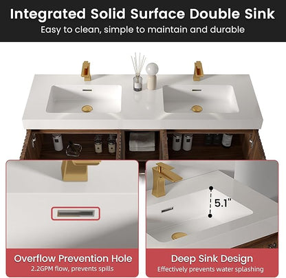 60" Bathroom Vanity with Double Sink, Freestanding Double Sink Bathroom Vanity with White Engineered Stone Top, Open Storage Cabinet & Adjustable Shelf, 4 Soft-Closing Doors, Walnut