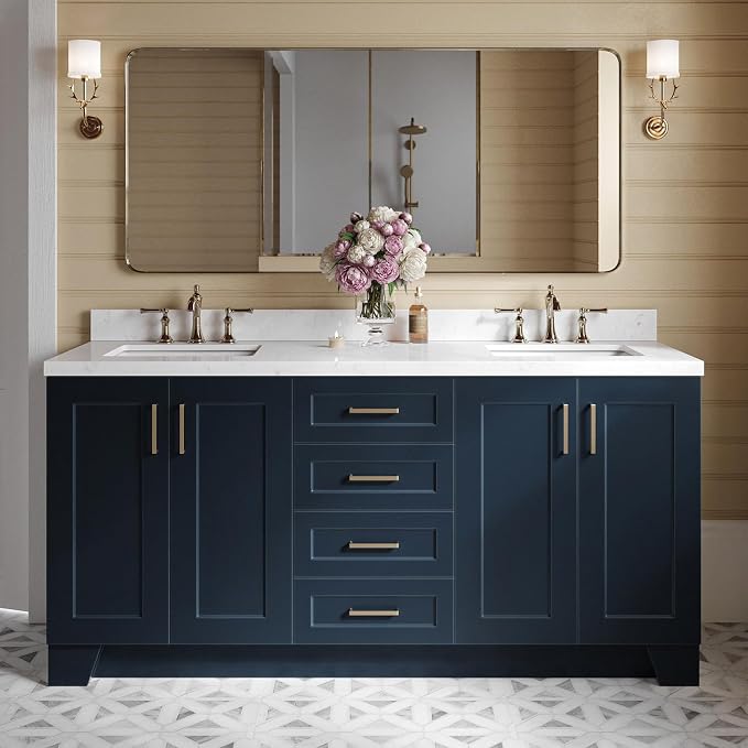 ARIEL Taylor 72-inch Bathroom Vanity with Sink,Solid Wood, 1.5-inch Carrara White Quartz Countertop, Double Rectangular Porcelain Sink, 4 Soft Closing Doors, 6 Dovetail Drawers, Midnight Blue