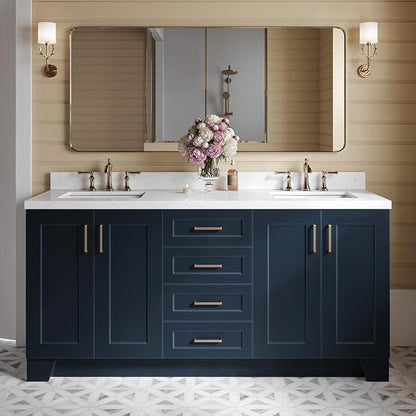 ARIEL Taylor 72-inch Bathroom Vanity with Sink,Solid Wood, 1.5-inch Carrara White Quartz Countertop, Double Rectangular Porcelain Sink, 4 Soft Closing Doors, 6 Dovetail Drawers, Midnight Blue