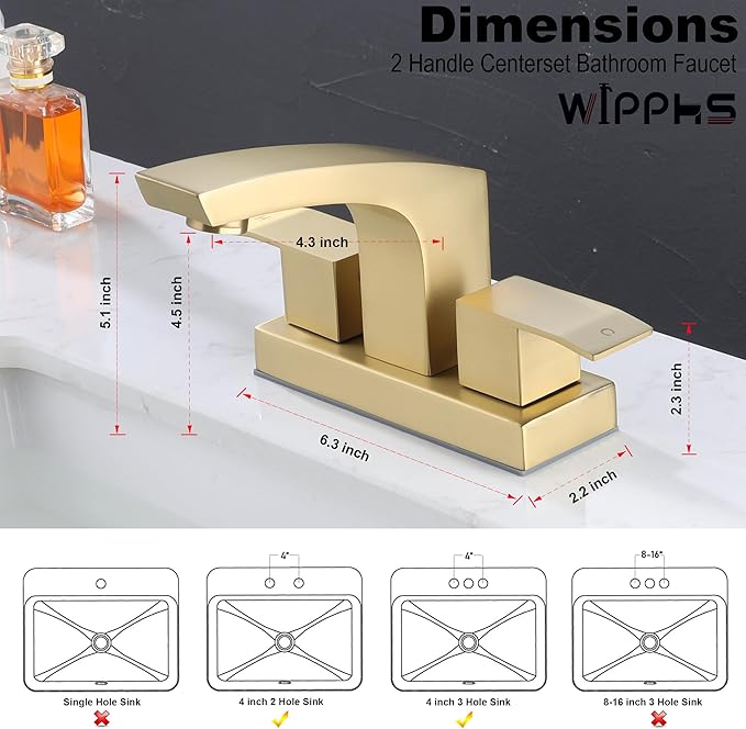 Gold Bathroom Sink Faucet Centerset, Stainless Steel Brushed Gold Faucet for Bathroom Sink with Pop Up Drain Assembly and cUPC Supply Lines, 4 in Center Set 2 Handle Bathroom Faucet Matte Gold