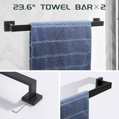 Dorudon atrox Matte Black Bathroom Hardware Set Towel Bar Set Black Bathroom Hardware Accessories Set with Towel Bars, Stainless Steel Wall Mounted Bathroom Towel Rack Set Square