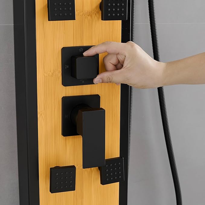 BWE Stainless Steel Shower Panel Tower System 8 Jets Multi-Function Shower Panel System Black and Bamboo Panel with Handheld Wand Wall Mount Shower Column