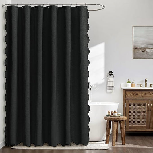 MIULEE Black Scalloped Linen Shower Curtain 72x78 Inches | Linen Textured, Waterproof, Washable, 12 Metal Hooks, Heavy Duty Cloth, Black Border, Shower Curtain for Bathroom Bathtub