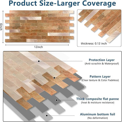 Yipscazo 40 Sheets PVC Wall Tiles Stick on Tiles for Backsplash Kitchen, Bathroom, Laundry Room, Camper, Fireplace (6'' X 12'', Copper Metal)