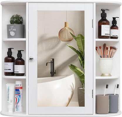 Iwell Bathroom Medicine Cabinet with Mirror, Bathroom Wall Cabinet with 2 Adjustable Shelves & 6 Open Shelves, Medicine Cabinet Organizer, Bathroom Cabinet Wall Mounted, White