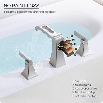 Brushed Nickel Bathroom Faucet 3 Hole, Brass Waterfall 8 Inch Widespread Bathroom Sink Faucet with Pop-Up Drain, cUPC Supply Hoses, 2 Handles for Vanity, Restroom, Modern Hollowed Design