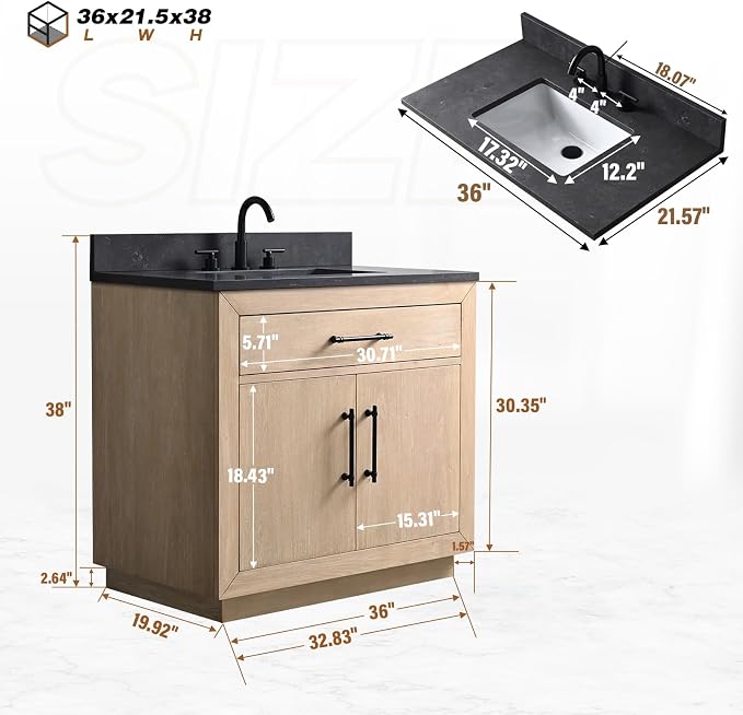 36 Inch Bathroom Vanity with Single Sink & Black Ceramic Top, MDF Material Vanity Cabinet with Basin Combo, Soft-Closing Doors, Removable Shelf, Backsplash