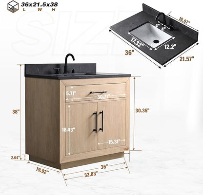 36 Inch Bathroom Vanity with Single Sink & Black Ceramic Top, MDF Material Vanity Cabinet with Basin Combo, Soft-Closing Doors, Removable Shelf, Backsplash