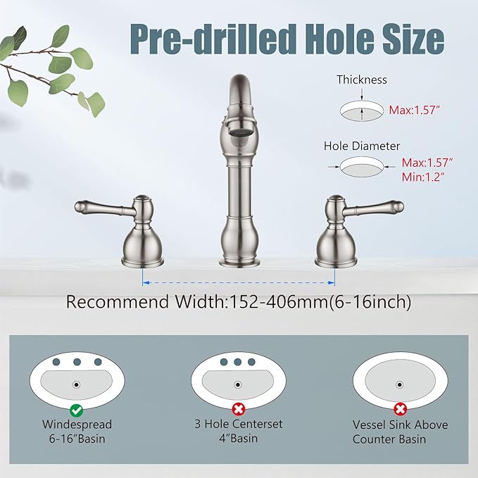 Aolemi 8 Inch Widespread Bathroom Sink Faucet 3 Hole Deck Mount Vanity Basin Mixer Tap with Pop Up Drain Assembly Brushed Nickel Double Lever Handle