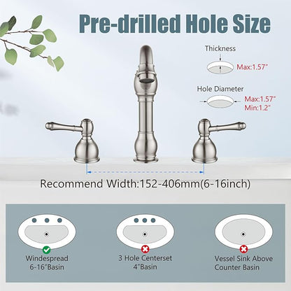Aolemi 8 Inch Widespread Bathroom Sink Faucet 3 Hole Deck Mount Vanity Basin Mixer Tap with Pop Up Drain Assembly Brushed Nickel Double Lever Handle