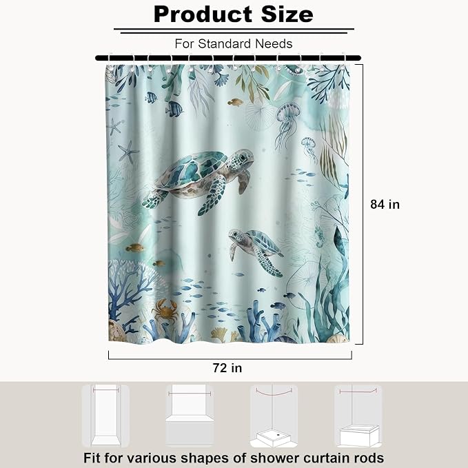 Cute Ocean Sea Turtle Shower Curtain Modern Nautical Kids Tropical Luxury | Nature Shower Curtains for Bathroom, Waterproof Bath Curtain with Hooks Machine Washable Bathtub Curtains 72x84 Inch Blue