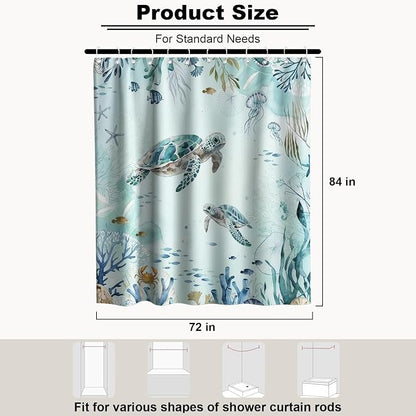Cute Ocean Sea Turtle Shower Curtain Modern Nautical Kids Tropical Luxury | Nature Shower Curtains for Bathroom, Waterproof Bath Curtain with Hooks Machine Washable Bathtub Curtains 72x84 Inch Blue