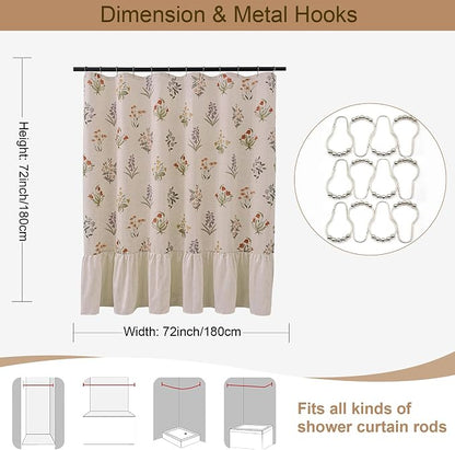 ORTIGIA Linen Textured Ruffle Shower Curtain with Metal Hooks, Vintage Boho Farmhouse Floral Linen Cottagecore Shower Curtain Bathroom Waterproof 72x72 Inch