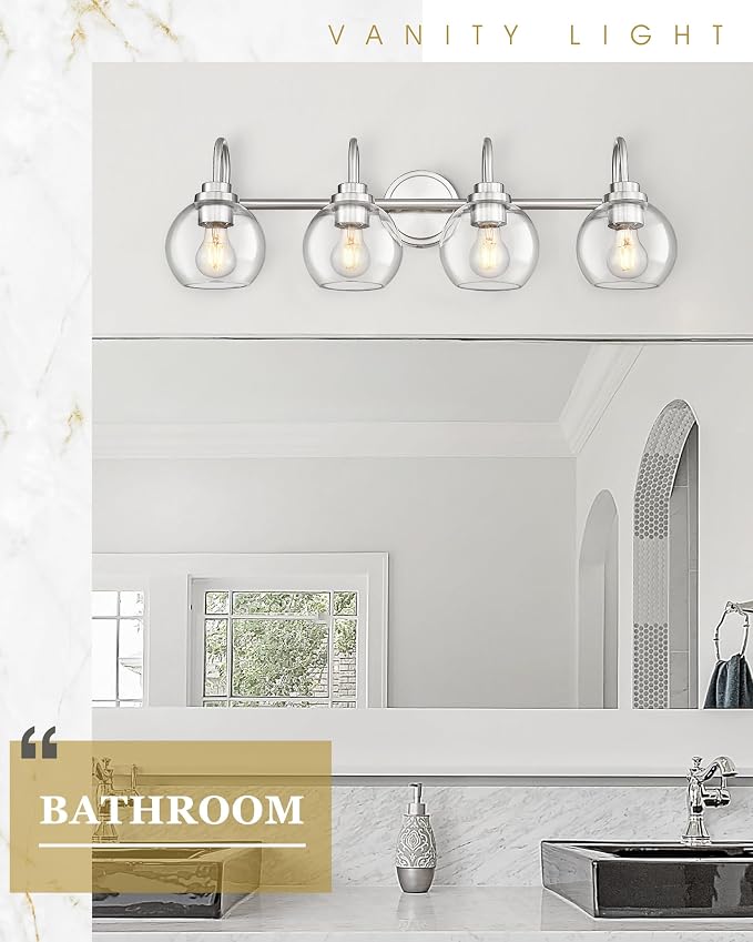 Bathroom Light Fixtures, 4-Light Brushed Nickel Vanity Lights Over Mirror with Globe Clear Glass, 30 Inch Modern Vanity Lighting Fixtures, AD-22280-4W-SN