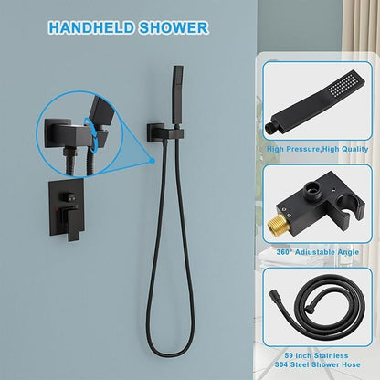 Rain Shower System - Lordear 10 Inch Rainfall Shower Head Faucet System Set Wall Mounted Matte Black Stainless Steel Square Shower Head with Handheld Combo, Brass Valve Included
