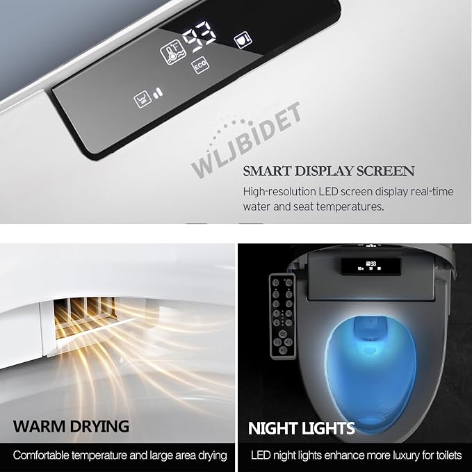 WLJBIDET Bidet Toilet Seat, Electric Bidet with Heated Toilet Seat, Instant Warm Water & Air Drying, Temperature Adjustable, Side Panel Control, Display Screen, Night Light, Elongated