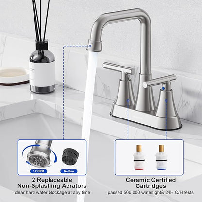 Bathroom Sink Faucet, Hurran 4 inch Brushed Nickel Bathroom Faucets for Sink 3 Hole with Pop-up Drain and Supply Lines, Stainless Steel 2-Handle Centerset Faucet for Vanity RV Restroom