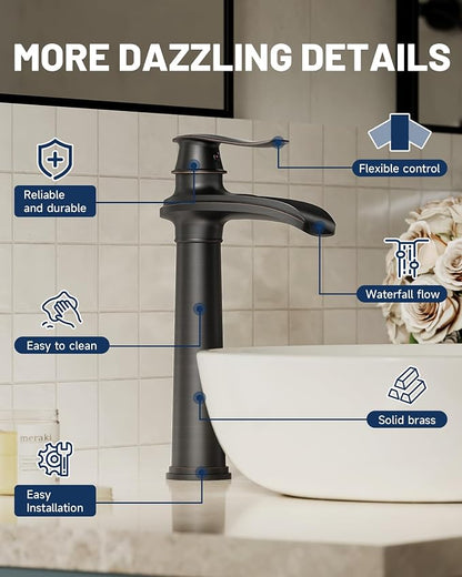 Oil Rubbed Bronze Vessel Sink Faucet Brass Waterfall Bathroom Faucet | with Pop Up Drain Assembly and Supply Hoses, Single Handle Tall Bathroom Faucets Lavatory Vanity Mixer Tap by BATHLAVISH