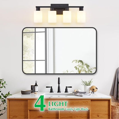 Black Bathroom Light Fixtures 4 Light Bathroom Vanity Light Matte Black Vanity Lights with Eye-Friendly Milky White Frosted Glass Shades E26 Socket (Bulbs Not Included)
