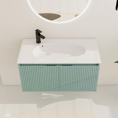 36 Inch Bathroom Vanity with Sink, 36" Floating Vanity, Premium Plywood Wooden Bathroom Cabinet with Soft Close Doors and Waterdrop-Shaped Resin Sink, Modern Wall Mounted Cabinet Set (Stripe Pattern)