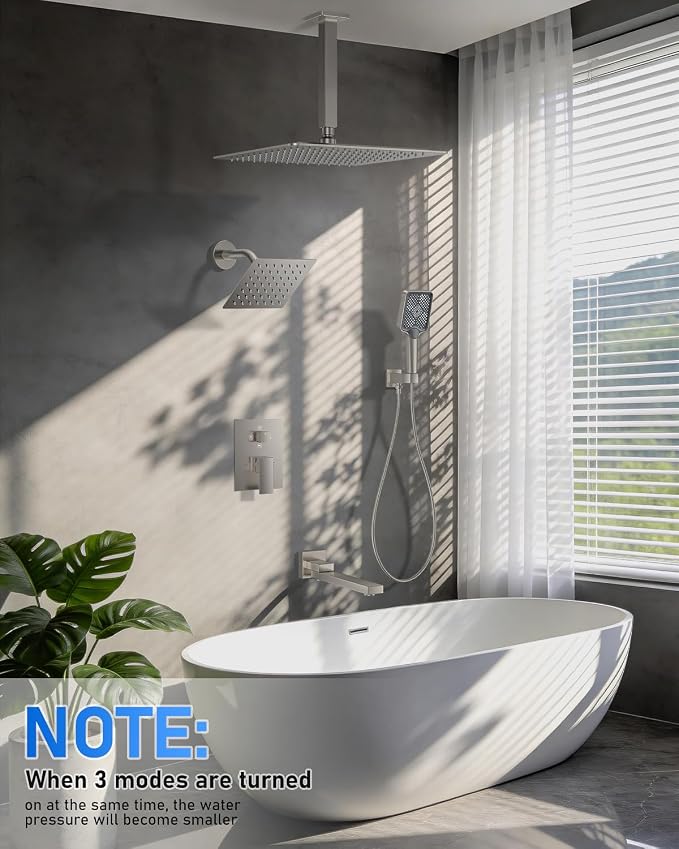 Woindo 4 Function Shower Faucet Set 12" Rain Shower Head/6'' Side Shower Head and 3 Setting Handheld Ceiling Mount Push Button Diverter Complete Rainfall Round Shower System Included Valve Trim Kit