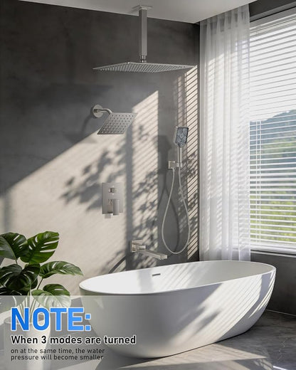 Woindo 4 Function Shower Faucet Set 12" Rain Shower Head/6'' Side Shower Head and 3 Setting Handheld Ceiling Mount Push Button Diverter Complete Rainfall Round Shower System Included Valve Trim Kit