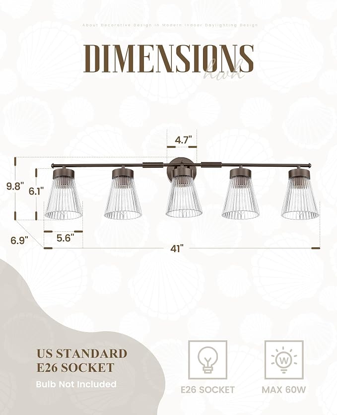 5-Light Bathroom Vanity Light, HWH Farmhouse Vanity Lights for Bathroom Vanity Lamp Oil Rubbed Bronze, Vanity Sconce with Clear Striped Glass, 5HZG97B-5W ORB