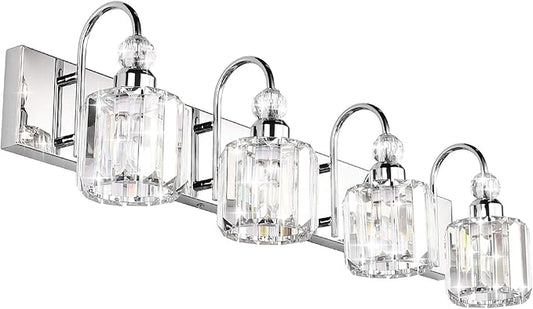 Ralbay Modern LED Crystal Bathroom Vanity Lights 4-Lights Stainless Steel Crystal Vanity Lights Over Mirror Modern Crystal Bathroom Vanity Lighting Fixtures