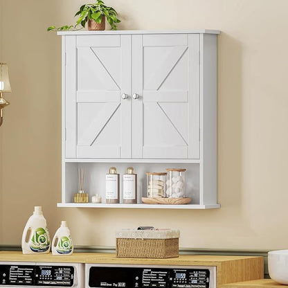 TEENFON Bathroom Wall Cabinet, Bathroom Cabinet with Barn Doors & Adjustable Shelf, Over The Toilet Storage Cabinet, Medicine Cabinet, White UNGGX001WV1