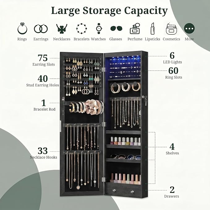 Jewelry Armoire, 47.2" Tall Lockable Jewelry Organizers and Storage Cabinet with Full-Length Mirror, 6 LEDs Mirror Jewelry Cabinet, Wall or Door Mounted Jewelry Storage for Women Bedroom, Gift Idea