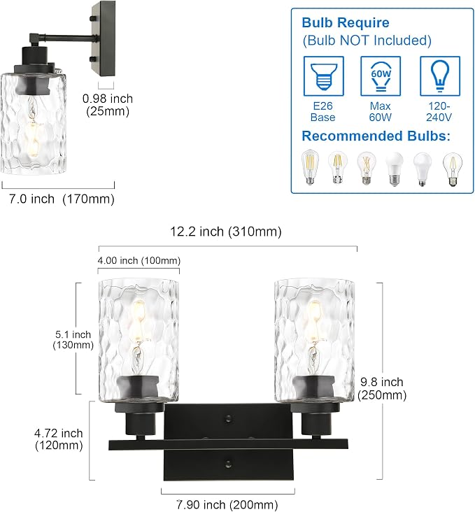 MELUCEE Indoor Wall Sconce Lighting 2-Light Black with Clear Hammered Glass | Modern Bathroom Vanity Light Fixtures Wall Lamp for Mirror Cabinets Powder Room (Patent No.: US D963914 S)
