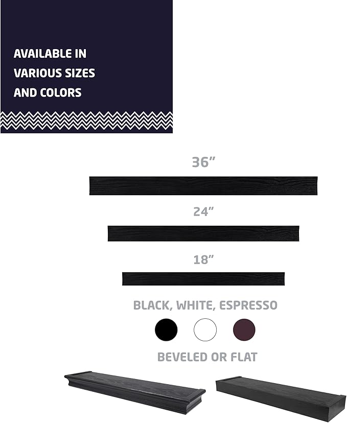 HIGH & MIGHTY 515658 Modern 24" Floating Shelf Holds up to 20lbs, Easy Tool-Free Dry Wall Installation, Flat, eCommerce Packaging, Black