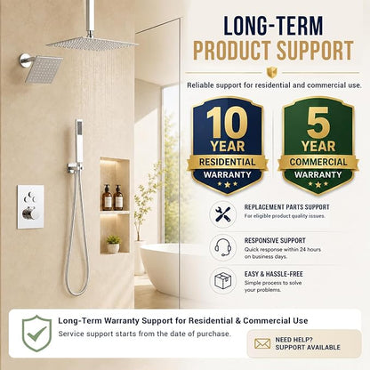 Thermostatic Dual Shower Head System, Chrome Shower Faucet | 12 Inch Ceiling Rainfall Shower, 6 Inch Wall Mount Head, High Pressure Handheld Sprayer, Push Button Valve