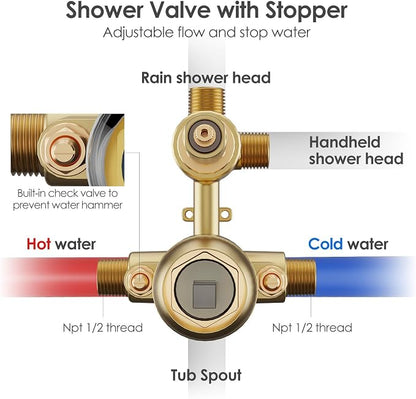 Gabrylly Shower System, 10" Bathtub Shower Faucets Set, Brushed Gold | All Metal Rain Shower Head with Handheld Spray Combo and Tub Spout, Luxury Bathroom Rainfall Shower Head Set With Valve