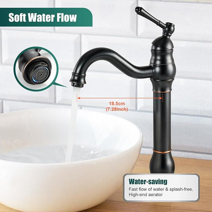 Heyalan Tall Vessel Sink Faucet, Single Handle 1-Hole,Oil Rubbed Bronze | SUS304 stainless steel, 360° swivel spout, includes pop-up drain & hoses, deck mount 1-hole, tall design for vessel sink