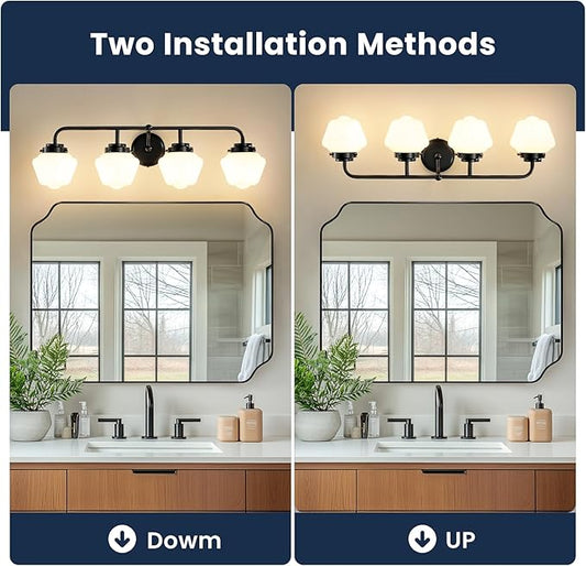 Bathroom Vanity Light Fixtures: 4-Light Matte Black Bathroom Lighting Fixtures Over Mirrors, Farmhouse Rustic Wall Sconce with Milky White Glass for Bath Living Room Cabinet