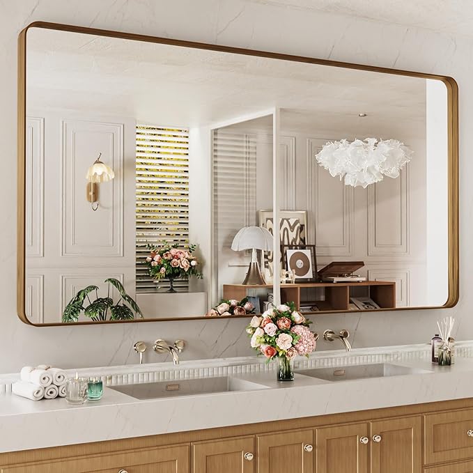 LOAAO 77X36 Inch Bathroom Mirror with Wood Grain Colored Metal Frame | Rounded Rectangle Metal Framed, Anti-Rust, Hangs Horizontally or Vertically, Tempered Glass