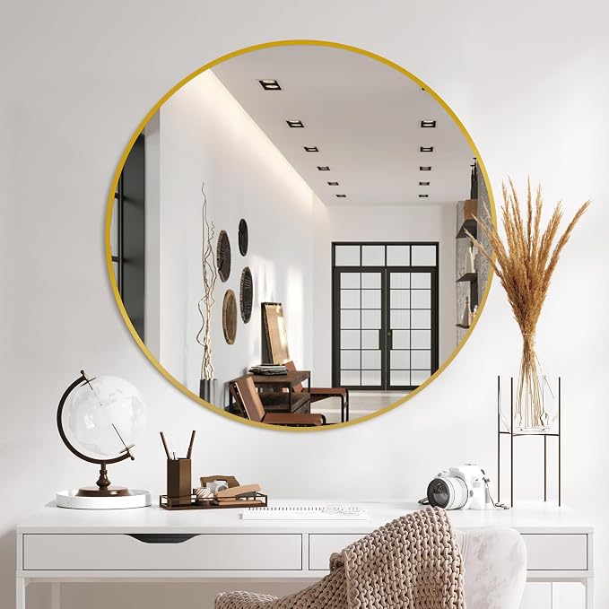 30 Inch Gold Round Circle Mirror for Bathroom Wall, Metal Frame | HD tempered glass for clear, distortion-free reflection. Mounting hardware included for vertical or horizontal wall mount.