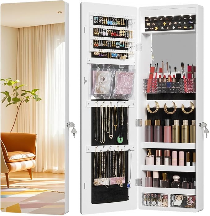 LVSOMT Over the Door Jewelry Organizer with Mirror Door Mirror with Storage | Jewelry Mirror Cabinet with Large Capacity, 6 LED Lights,Velvet Lining, Space-Saving for Bedroom, Cloakroom, Gift Women Girls