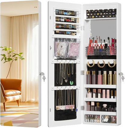 LVSOMT Over the Door Jewelry Organizer with Mirror Door Mirror with Storage | Jewelry Mirror Cabinet with Large Capacity, 6 LED Lights,Velvet Lining, Space-Saving for Bedroom, Cloakroom, Gift Women Girls