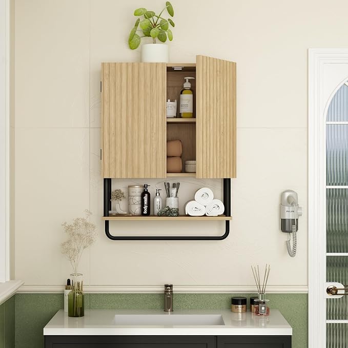 RUSTOWN Fluted Bathroom Wall Cabinet with 2 Doors, 3-Tier Medicine Cabinet | Modern Farmhouse Wall Mounted Cabinets, Over The Toilet Storage Cabinet, Adjustable Shelf and Towel Bar, Small