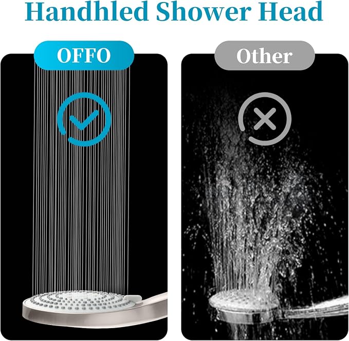 OFFO Handheld Shower Head Set, 6-Mode Brushed Nickel High Pressure Handheld Sprayer with 60" Stainless Steel Shower Hose, High Flow Large Powerful Boosting Handheld Showerhead for Low Water Pressure