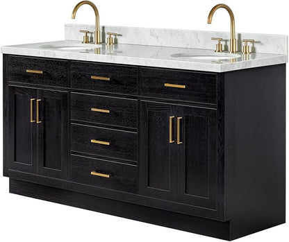 ARIEL Hepburn 66-inch Bathroom Vanity with Sink,Solid Wood, 1.5-inch Italian Carrara Marble Countertop & Backsplash, Double Oval Porcelain Sink, 4 Soft Closing Doors, 6 Dovetail Drawers, Black Oak