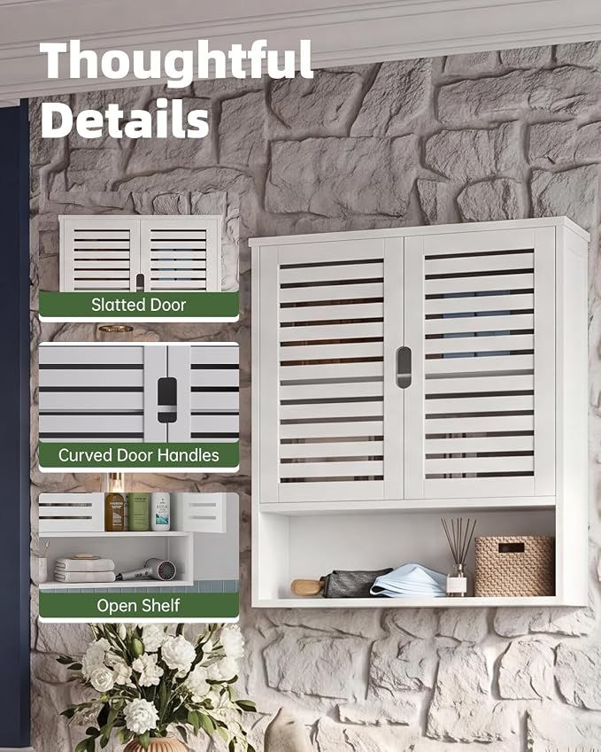 SMIBUY Bathroom Cabinet Wall Mounted, Bamboo Over-The-Toilet Storage Organizer, Space Saver Medicine Cabinet with 2 Door and Adjustable Shelves (White)
