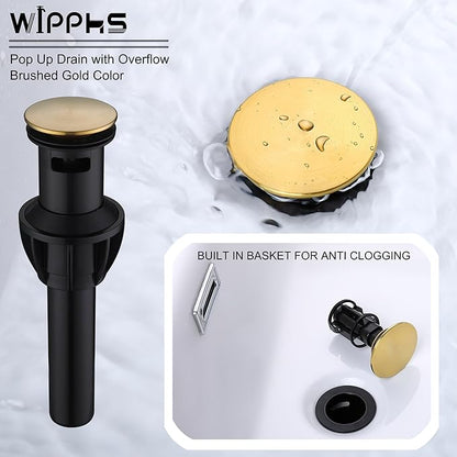 Brushed Gold Bathroom Faucet, Gold 3 Hole Widespread Bathroom Sink Faucet with Pop Up Drain and cUPC Supply Hose, 2 Handle 8 inch Brass Wide Spread Vanity Faucet, Restroom Basin Taps WI37151BG
