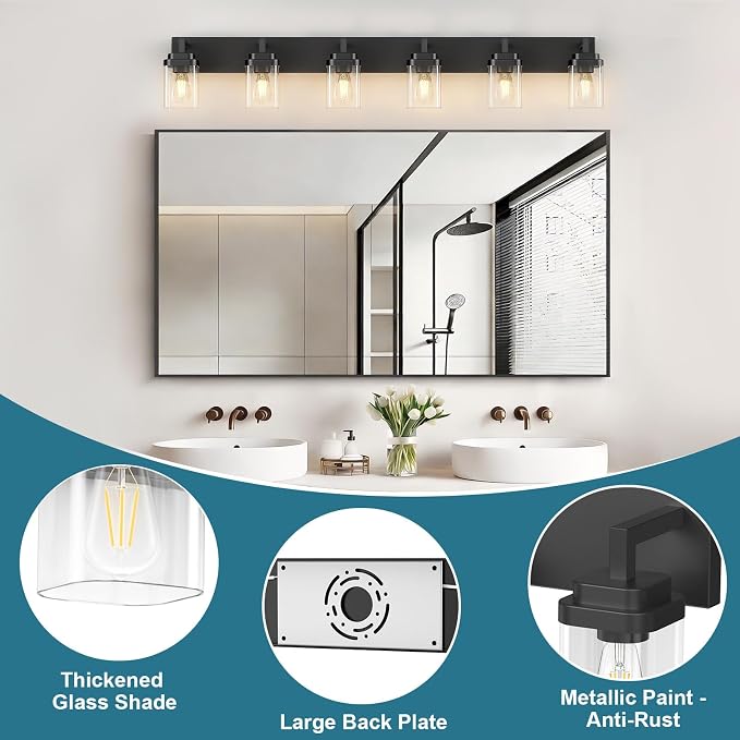 Matte Black Bathroom Light Fixtures, Modern Vanity Lights with Clear Glass Lamp Shade, Bathroom Lighting Fixtures Over Mirror, Restroom Vanity Lighting Fixture, 6-Light 46 Inch