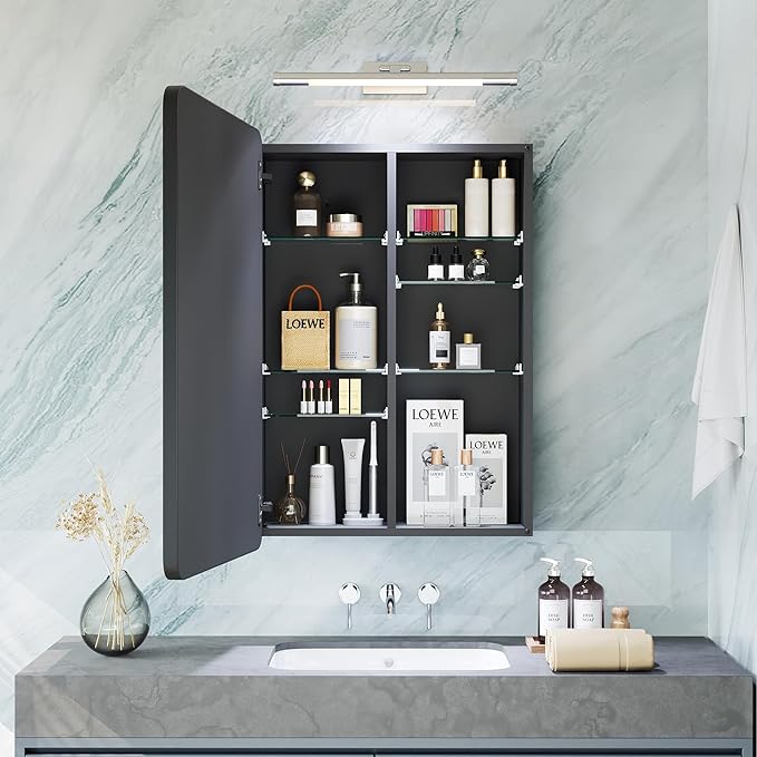 Large Bathroom Medicine Cabinet 24x32 Inch, Oversized Mirror with Storage, Heavy Duty Aluminum Construction, 6 Tempered Glass Shelves, Rust Proof Master Bath Organizer, Matte Black