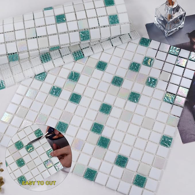 11.5 sq.ft Noctilucent Glass Mosaic Tile for Pool, Bathroom, Outdoors | Waterproof Wall & Floor Tile. Heat & frost resistant Kitchen. Mesh-mounted easy install. Use any grout. Easy clean. 10pcs.