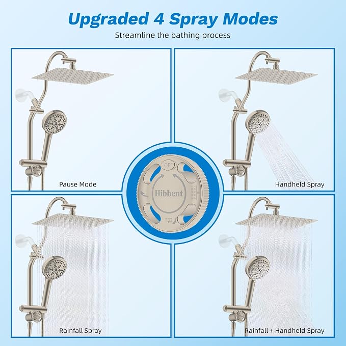 Hibbent High Pressue All Metal 12" Rainfall Shower Head, Handheld 10-Spray | cUPC Certified Brushed Nickel Dual Showerhead Combo, 4-way Diverter with Pause Mode, Brass Extension Arm, 71'' Hose & Holder